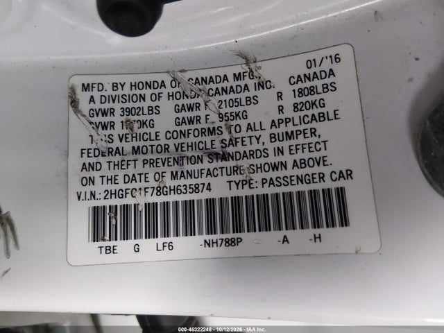 Aukcja sprzedaży 2016 Honda Civic Ex-l, vin: 2HGFC1F78GH635874, numer aukcji: 46322248