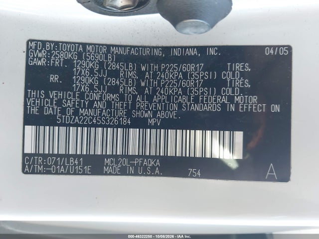 Продаж на аукціоні авто 2005 Toyota Sienna Xle, vin: 5TDZA22C45S326184, номер лоту: 46322250