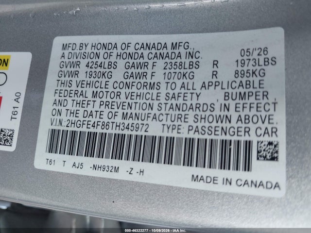 Продажа на аукционе авто 2026 Honda Civic Hybrid Sport/sport Touring, vin: 2HGFE4F86TH345972, номер лота: 46322277