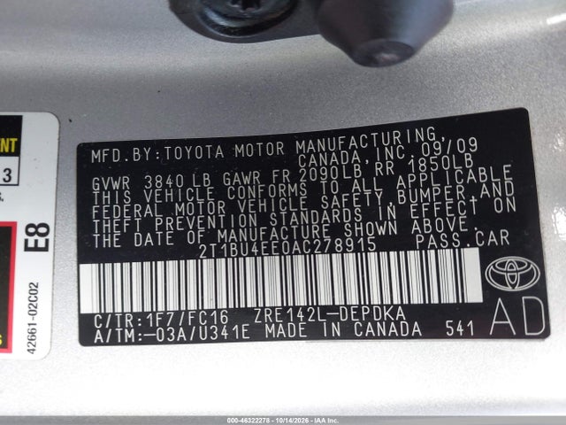 Продаж на аукціоні авто 2010 Toyota Corolla Le, vin: 2T1BU4EE0AC278915, номер лоту: 46322278