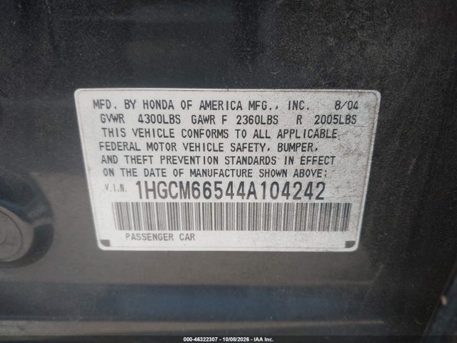 Продаж на аукціоні авто 2004 Honda Accord 3.0 Ex, vin: 1HGCM66544A104242, номер лоту: 46322307