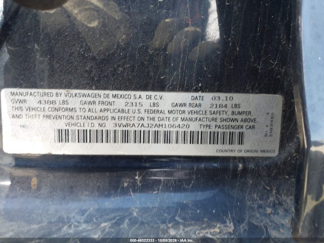 46322333 :رقم المزاد ، 3VWRA7AJ2AM106420 vin ، 2010 Volkswagen Jetta Wolfsburg Edition مزاد بيع