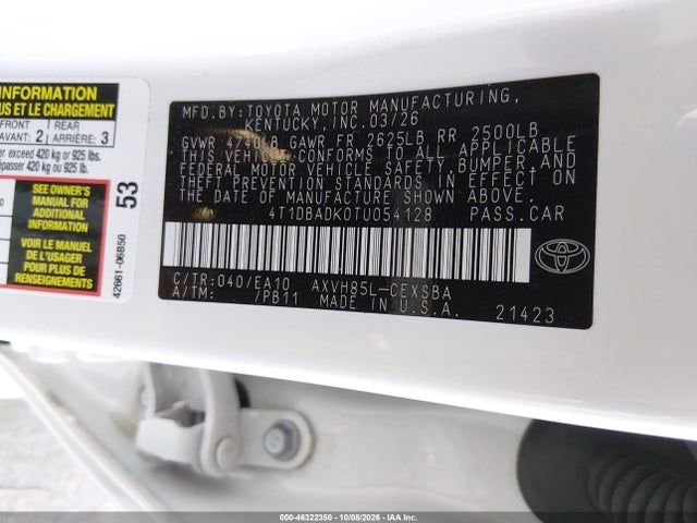 Aukcja sprzedaży 2026 Toyota Camry Se, vin: 4T1DBADK0TU054128, numer aukcji: 46322350
