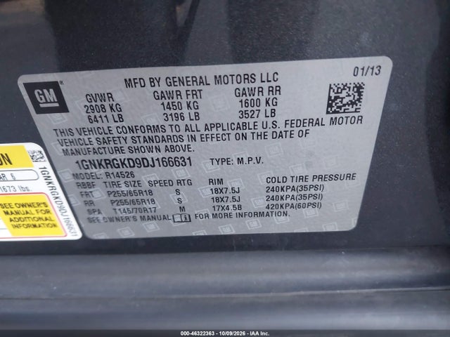 46322363 :رقم المزاد ، 1GNKRGKD9DJ166631 vin ، 2013 Chevrolet Traverse 1lt مزاد بيع