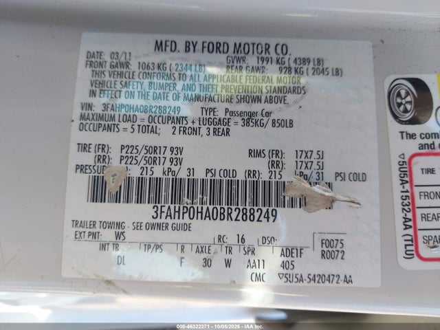 Продажа на аукционе авто 2011 Ford Fusion Se, vin: 3FAHP0HA0BR288249, номер лота: 46322371