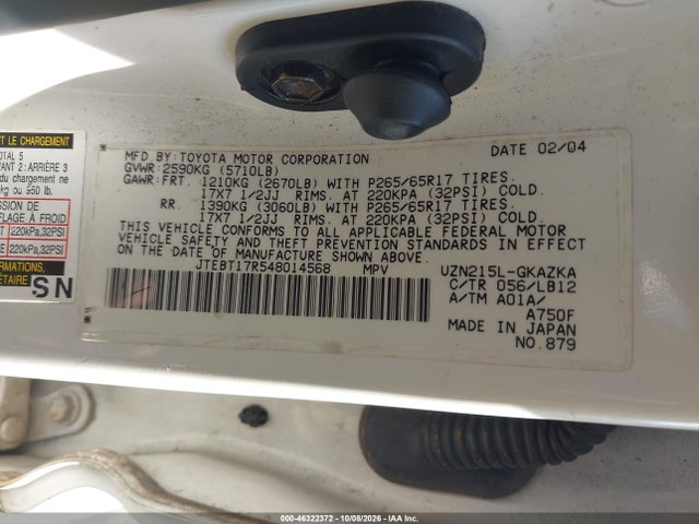 46322372 :رقم المزاد ، JTEBT17R548014568 vin ، 2004 Toyota 4runner Limited V8 مزاد بيع