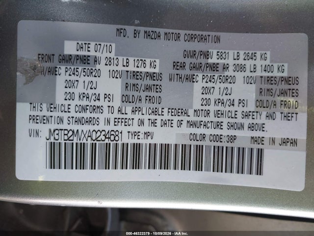 46322379 :رقم المزاد ، JM3TB2MVXA0234681 vin ، 2010 Mazda Cx-9 Grand Touring مزاد بيع