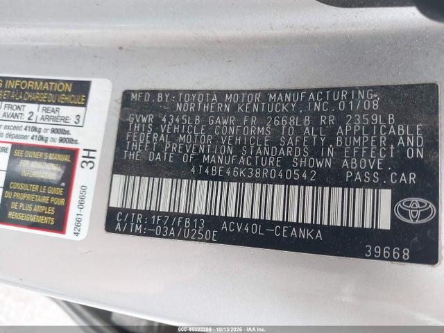 Продаж на аукціоні авто 2008 Toyota Camry Le, vin: 4T4BE46K38R040542, номер лоту: 46322399