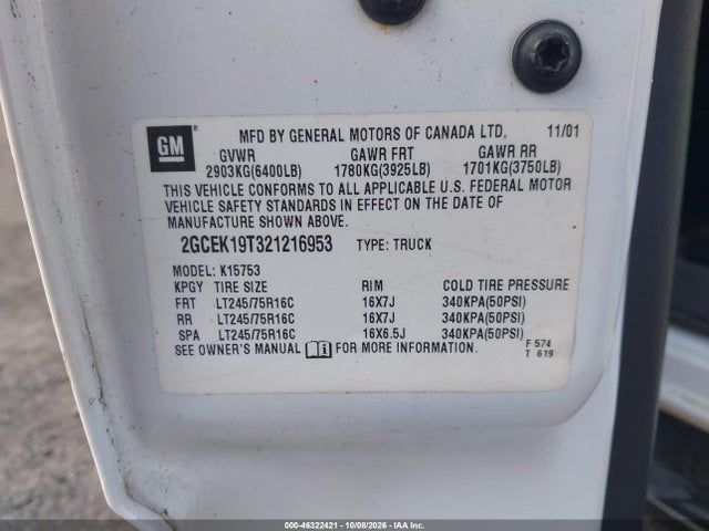 46322421 :رقم المزاد ، 2GCEK19T321216953 vin ، 2002 Chevrolet Silverado 1500 Ls مزاد بيع