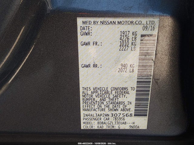 2017 Nissan Altima 2.5 S მანქანა იყიდება აუქციონზე, vin: 1N4AL3AP2HN307568, აუქციონის ნომერი: 46322430