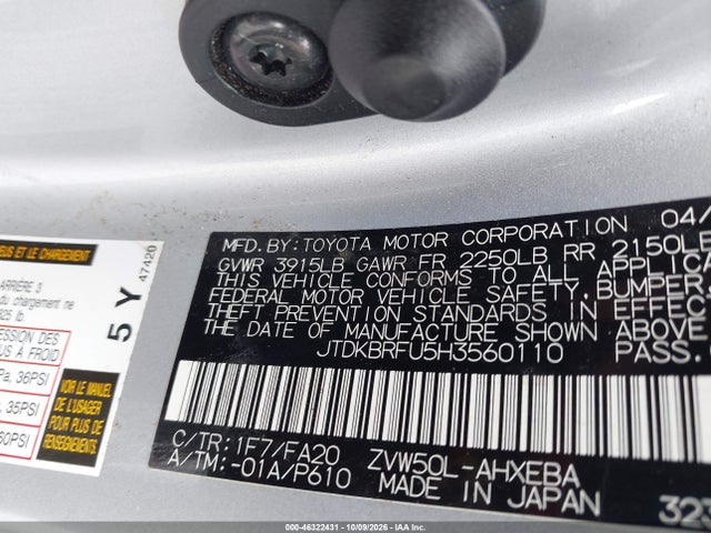 Aukcja sprzedaży 2017 Toyota Prius Two, vin: JTDKBRFU5H3560110, numer aukcji: 46322431