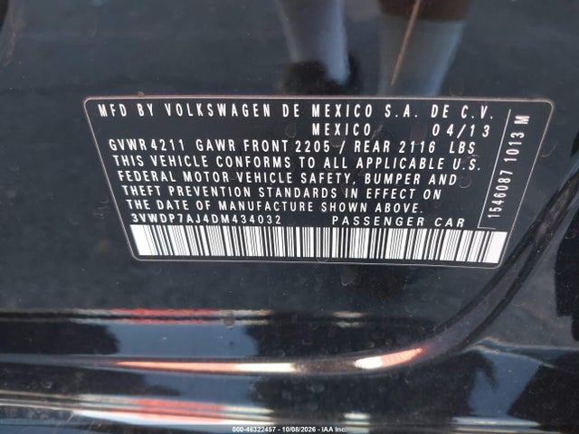 Продажа на аукционе авто 2013 Volkswagen Jetta 2.5l Se, vin: 3VWDP7AJ4DM434032, номер лота: 46322457