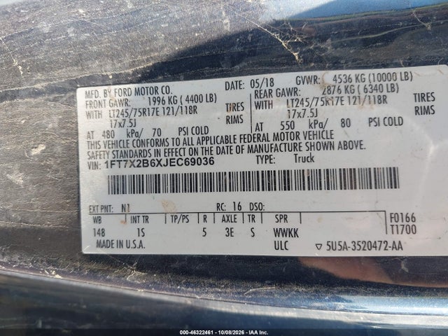 46322461 :رقم المزاد ، 1FT7X2B6XJEC69036 vin ، 2018 Ford F-250 Xl مزاد بيع