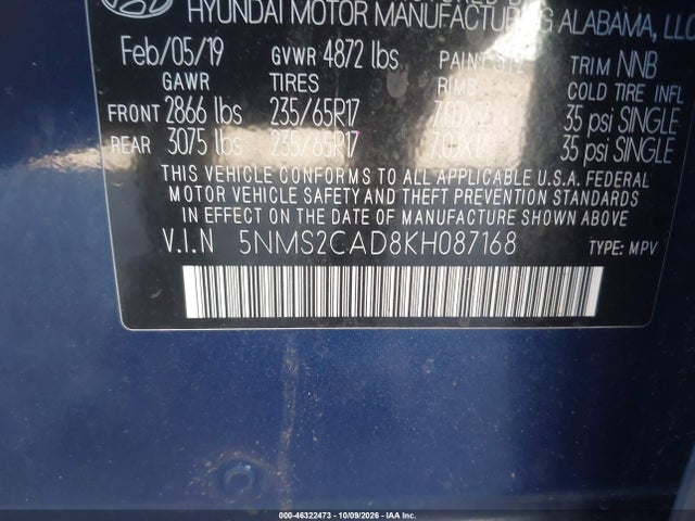 2019 Hyundai Santa Fe Se მანქანა იყიდება აუქციონზე, vin: 5NMS2CAD8KH087168, აუქციონის ნომერი: 46322473