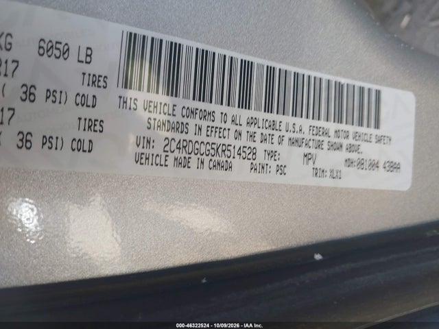 46322524 :رقم المزاد ، 2C4RDGCG5KR514528 vin ، 2019 Dodge Grand Caravan Sxt مزاد بيع