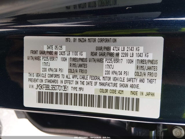 Продаж на аукціоні авто 2025 Mazda Cx-5 2.5 S Select, vin: JM3KFBBL9S0701351, номер лоту: 46322551