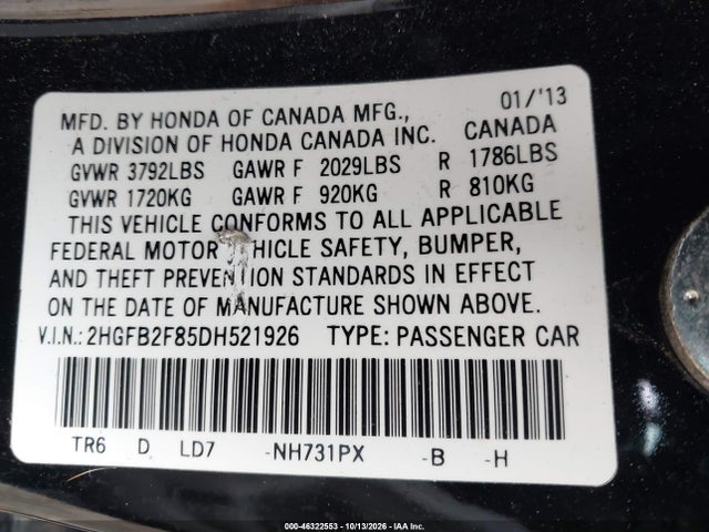 46322553 :رقم المزاد ، 2HGFB2F85DH521926 vin ، 2013 Honda Civic Ex مزاد بيع