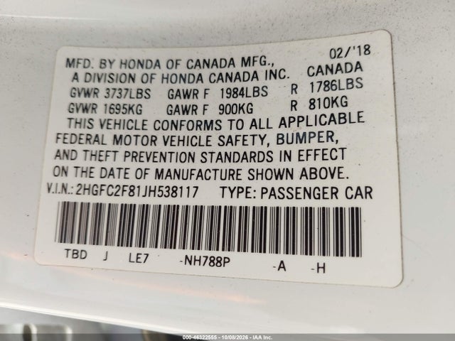 Aukcja sprzedaży 2018 Honda Civic Ex, vin: 2HGFC2F81JH538117, numer aukcji: 46322555