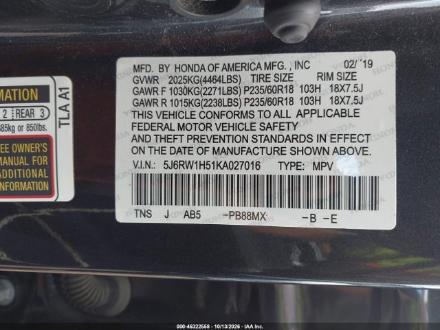 Aukcja sprzedaży 2019 Honda Cr-v Ex, vin: 5J6RW1H51KA027016, numer aukcji: 46322558