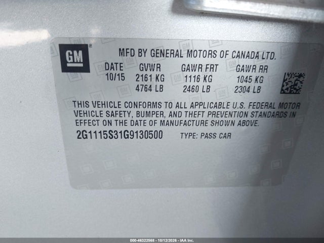 46322568 :رقم المزاد ، 2G1115S31G9130500 vin ، 2016 Chevrolet Impala 2lt مزاد بيع