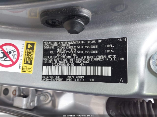 46322569 :رقم المزاد ، 5TDJKRFH3GS354845 vin ، 2016 Toyota Highlander Xle V6 مزاد بيع
