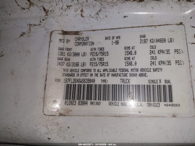 46322571 :رقم المزاد ، 1B7FL26X6WS639840 vin ، 1998 Dodge Dakota Slt/sport مزاد بيع