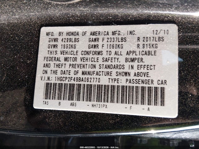 46322593 :رقم المزاد ، 1HGCP2F49BA062770 vin ، 2011 Honda Accord 2.4 Lx-p مزاد بيع