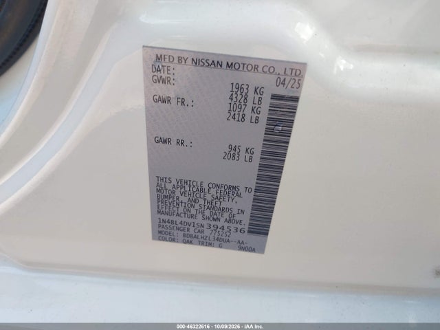 46322616 :رقم المزاد ، 1N4BL4DV1SN394536 vin ، 2025 Nissan Altima Sv Fwd مزاد بيع