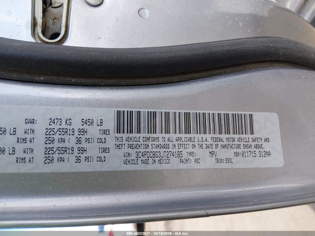 Продаж на аукціоні авто 2018 Dodge Journey Sxt, vin: 3C4PDCBG3JT274165, номер лоту: 46322627