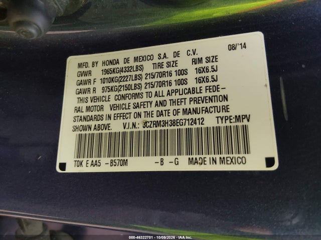 46322701 :رقم المزاد ، 3CZRM3H38EG712412 vin ، 2014 Honda Cr-v Lx مزاد بيع