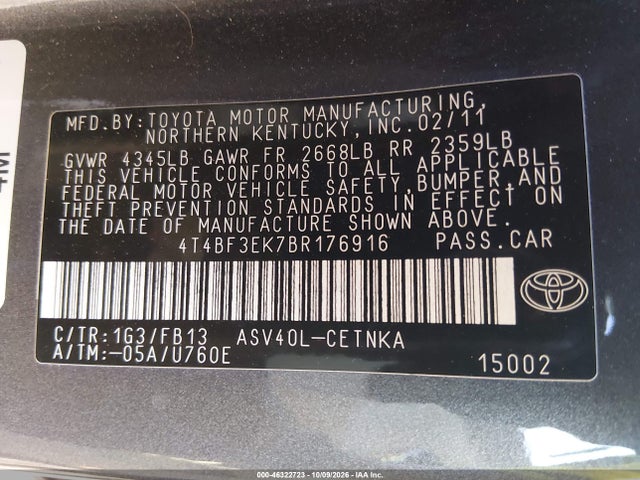 2011 Toyota Camry Le მანქანა იყიდება აუქციონზე, vin: 4T4BF3EK7BR176916, აუქციონის ნომერი: 46322723