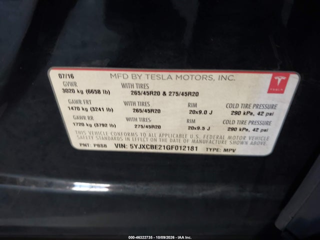 Tesla Model X 60d/70d/75d/90d/p100d 2016 5YJXCBE21GF012181 Image 9