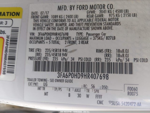 2017 Ford Fusion Se მანქანა იყიდება აუქციონზე, vin: 3FA6P0HD9HR407698, აუქციონის ნომერი: 46322748