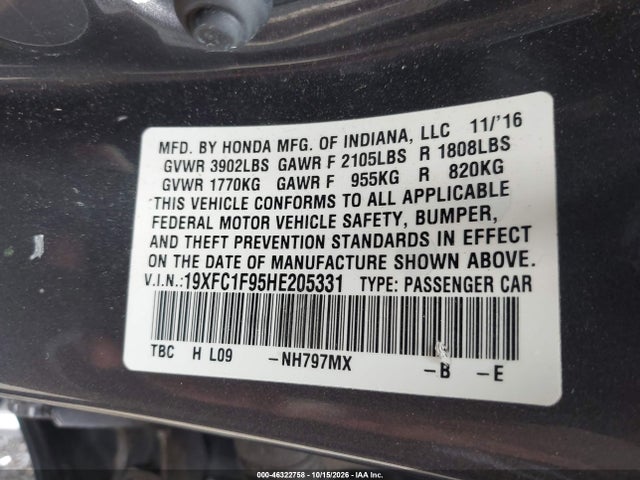 Продаж на аукціоні авто 2017 Honda Civic Touring, vin: 19XFC1F95HE205331, номер лоту: 46322758