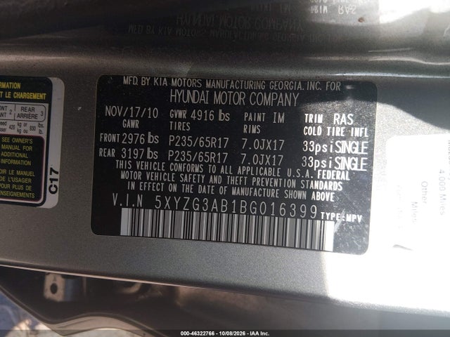 46322766 :رقم المزاد ، 5XYZG3AB1BG016399 vin ، 2011 Hyundai Santa Fe Gls مزاد بيع
