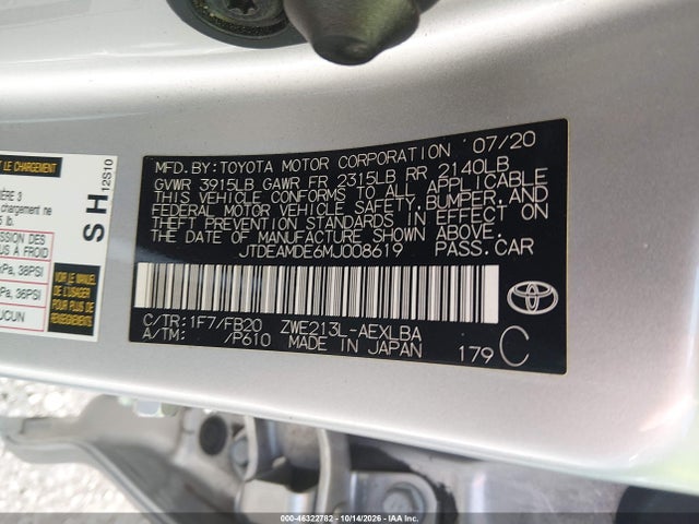46322782 :رقم المزاد ، JTDEAMDE6MJ008619 vin ، 2021 Toyota Corolla Hybrid Le مزاد بيع