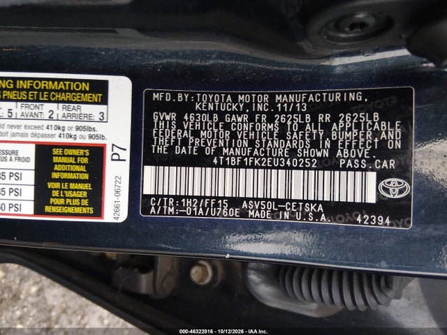 46322816 :رقم المزاد ، 4T1BF1FK2EU340252 vin ، 2014 Toyota Camry Se مزاد بيع