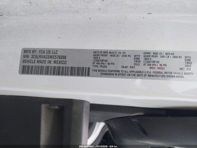 3C6LRVAG5ME576098 RAM Promaster 1500 Low Roof 136 Wb