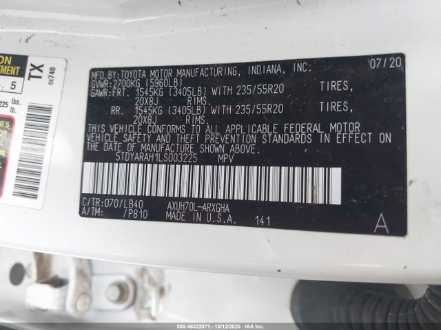 Aukcja sprzedaży 2020 Toyota Highlander Hybrid Limited, vin: 5TDYARAH1LS003225, numer aukcji: 46322871