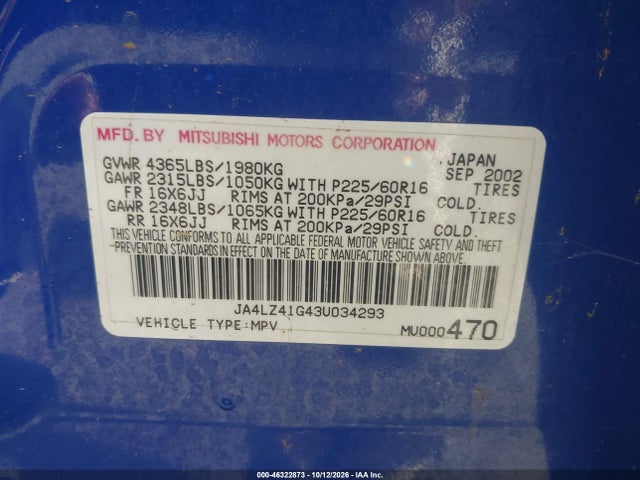 46322873 :رقم المزاد ، JA4LZ41G43U034293 vin ، 2003 Mitsubishi Outlander Xls مزاد بيع