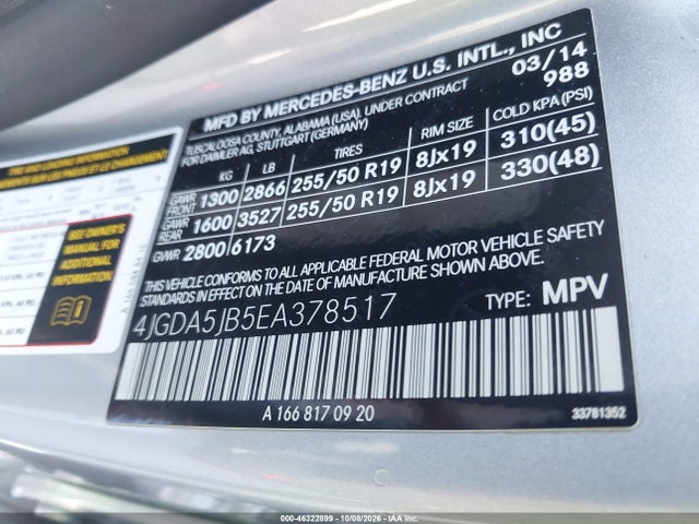 46322899 :رقم المزاد ، 4JGDA5JB5EA378517 vin ، 2014 Mercedes-benz Ml 350 مزاد بيع