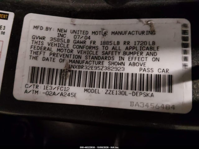 Aukcja sprzedaży 2005 Toyota Corolla S, vin: 1NXBR32E95Z382923, numer aukcji: 46322938