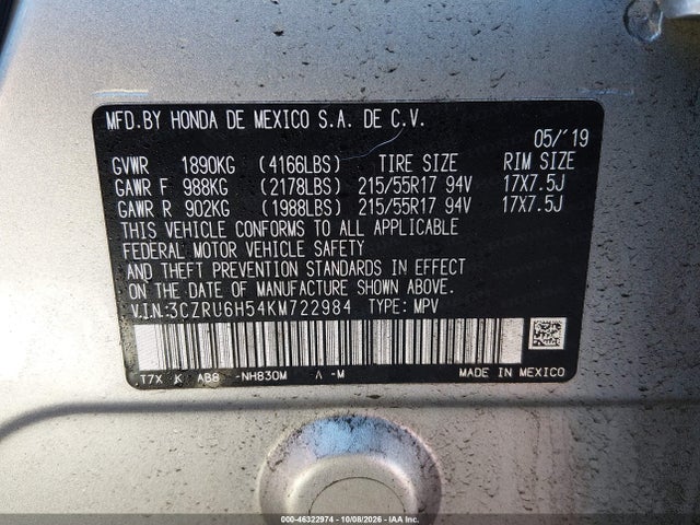 2019 Honda Hr-v Ex მანქანა იყიდება აუქციონზე, vin: 3CZRU6H54KM722984, აუქციონის ნომერი: 46322974