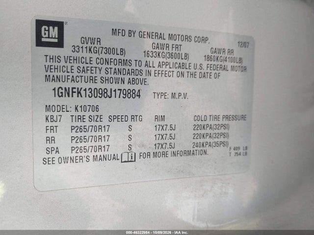 Aukcja sprzedaży 2008 Chevrolet Tahoe Ls, vin: 1GNFK13098J179884, numer aukcji: 46322984