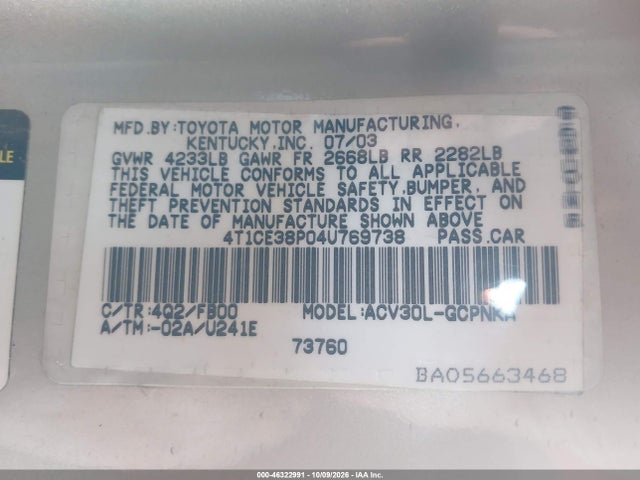 46322991 :رقم المزاد ، 4T1CE38P04U769738 vin ، 2004 Toyota Camry Solara Se مزاد بيع