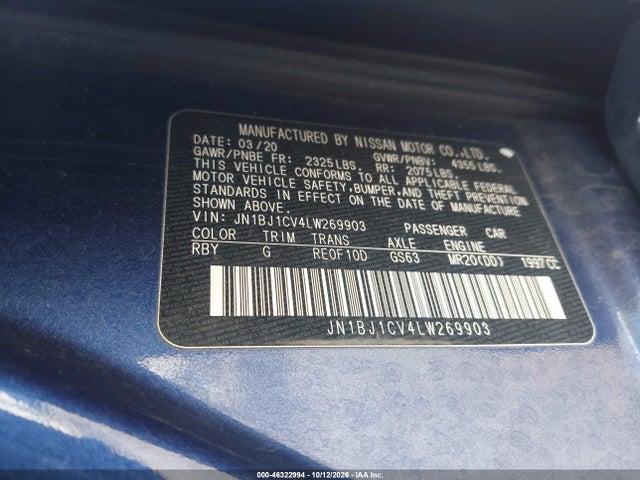 Aukcja sprzedaży 2020 Nissan Rogue Sport S Fwd Xtronic Cvt, vin: JN1BJ1CV4LW269903, numer aukcji: 46322994