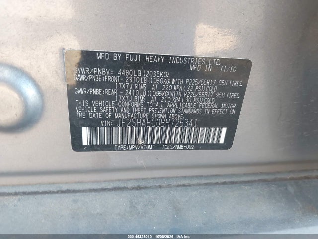 2011 Subaru Forester 2.5x Limited მანქანა იყიდება აუქციონზე, vin: JF2SHAEC0BH725341, აუქციონის ნომერი: 46323010