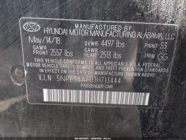Продаж на аукціоні авто 2018 Hyundai Sonata Sel+, vin: 5NPE34AF0JH713444, номер лоту: 46323021