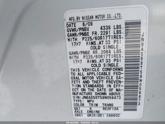 46323063 :رقم المزاد ، JN8AS58T59W059473 vin ، 2009 Nissan Rogue Sl مزاد بيع