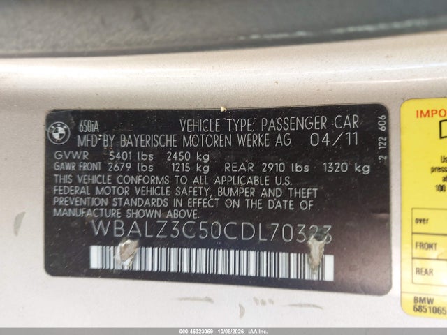 Aukcja sprzedaży 2012 Bmw 650i, vin: WBALZ3C50CDL70323, numer aukcji: 46323069